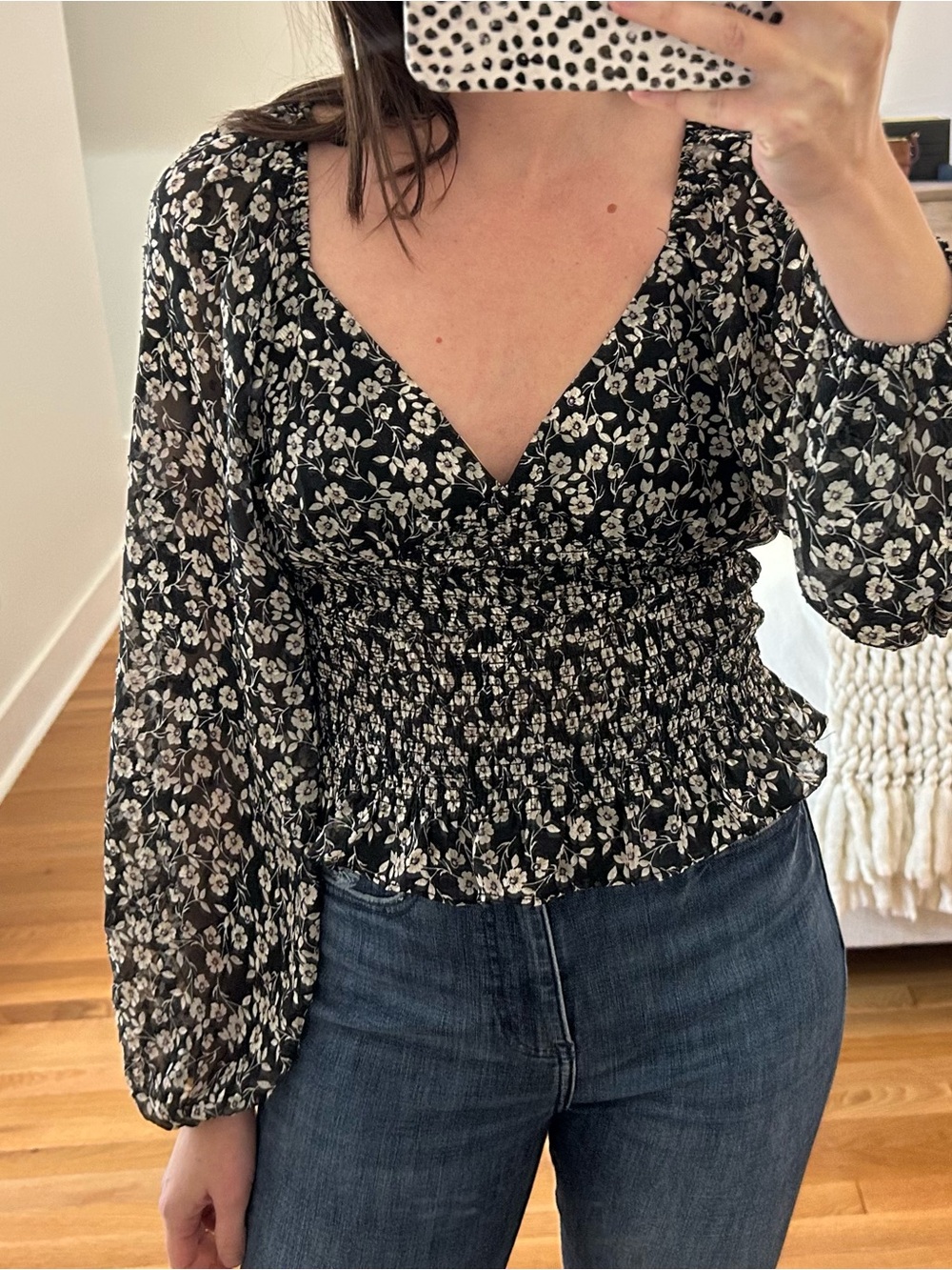 Black Floral Smocked V-Neck Blouse